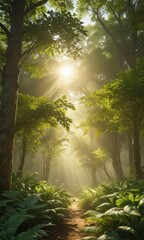 Obraz premium Golden sunbeams filter through lush green canopy, illuminating leaves , picture, natural