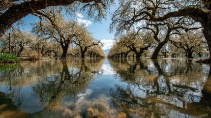 Obraz premium Flooded orchard reveals the extent of water damage under a bright blue sky