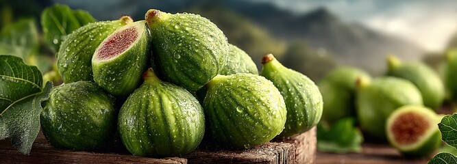 Fresh figs stacked pyramid style with a vibrant fig orchard in the background
