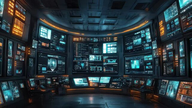 Futuristic control room interface display technology command center digital information hub data analysis