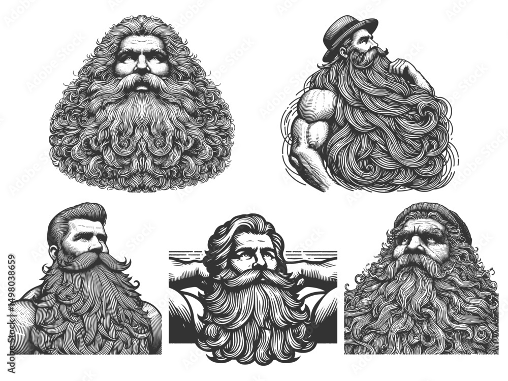 Poster bearded men set collection bundle sketch engraving generative ai vector illustration. scratch board 