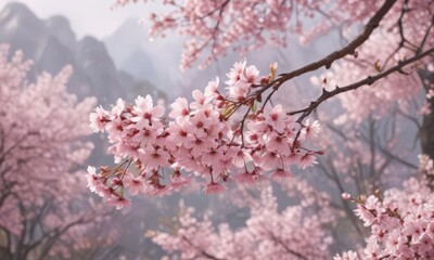 Fototapeta premium Soft pink sakura blossoms gently descend, blurring into a dreamy springtime scene , nature, serene