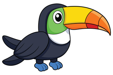Cartoon Toucan Illustration Colorful Beak, Black Body, Green Face, and Blue Feet