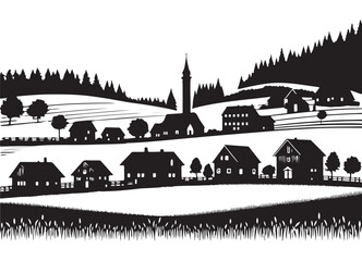 Obraz premium Charming Village Silhouette Vector Design Hillside Town Landscape