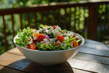Fresh summer salad with tomatoes, cucumber and feta cheese on wooden table