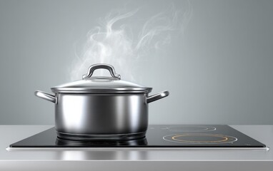 Modern electric stovetop with pot boiling, steam rising, kitchen minimalism, clean reflective surfaces