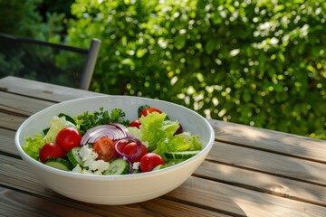 Fresh summer salad with tomatoes, cucumber and feta cheese on wooden table