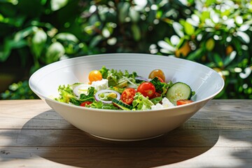Fresh summer salad with tomatoes, cucumber and feta cheese on wooden table