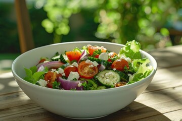 Fresh summer salad with tomatoes, cucumber and feta cheese on wooden table