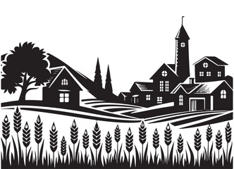 Charming village landscape silhouette vector illustration with wheat field © Creative Image  