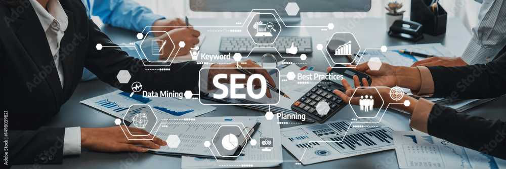 Aufkleber business meeting discussing seo strategies and best practices for effective digital marketing and da
