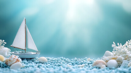 Miniature sailboat on blue pebbles surrounded by seashells and coral with soft light and ocean-themed background. Copy space