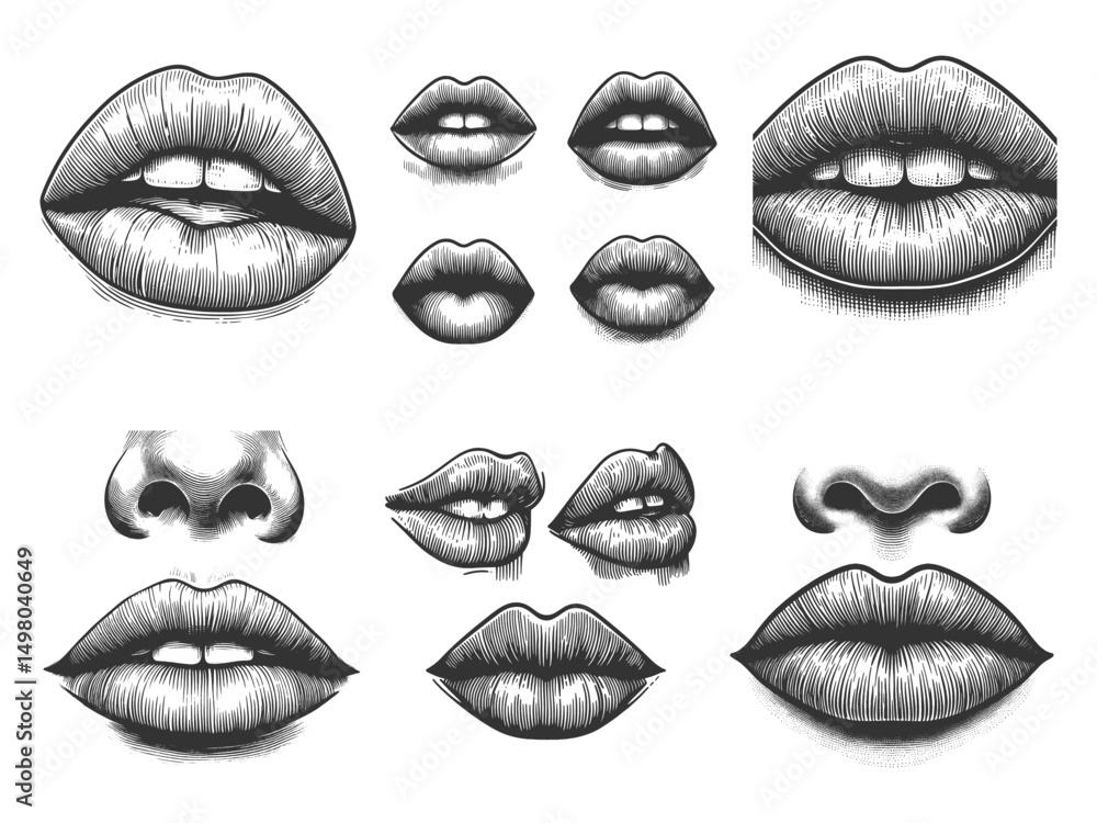 Aufkleber lips set collection bundle sketch engraving generative ai vector illustration. scratch board imitati