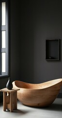 Dark room, wooden bathtub, minimalist