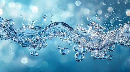 Crystal-clear water splashes with droplets suspended in mid-air against a soft blue background.