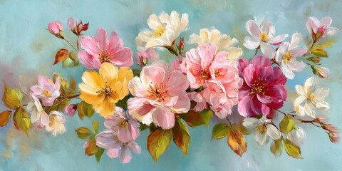 Vibrant Oil Painting of Floral Arrangement with Pink, Yellow, and White Flowers on Pale Blue Background