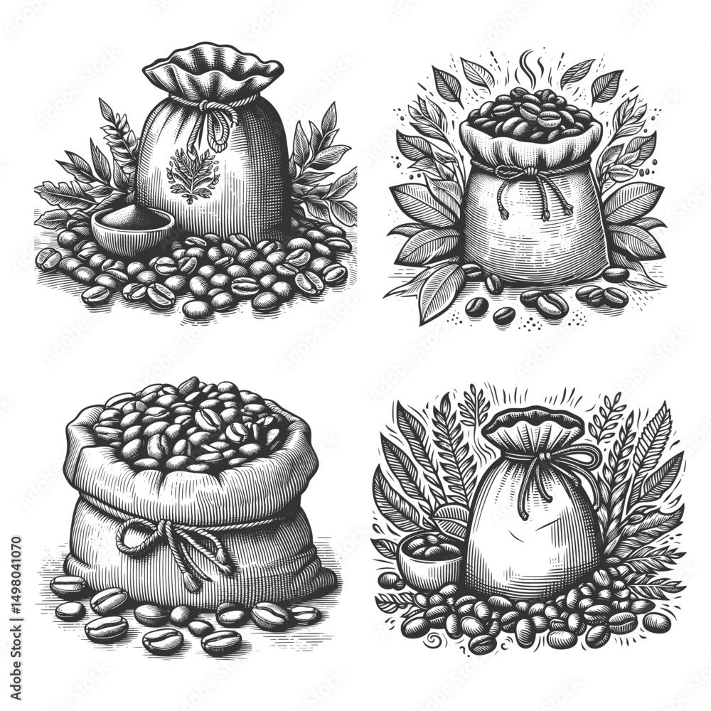 Poster coffee bean sack set collection bundle sketch engraving generative ai vector illustration. scratch b
