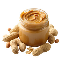 A glass jar of creamy peanut butter sits amidst shelled and unshelled peanuts, showcasing the product's texture and origin