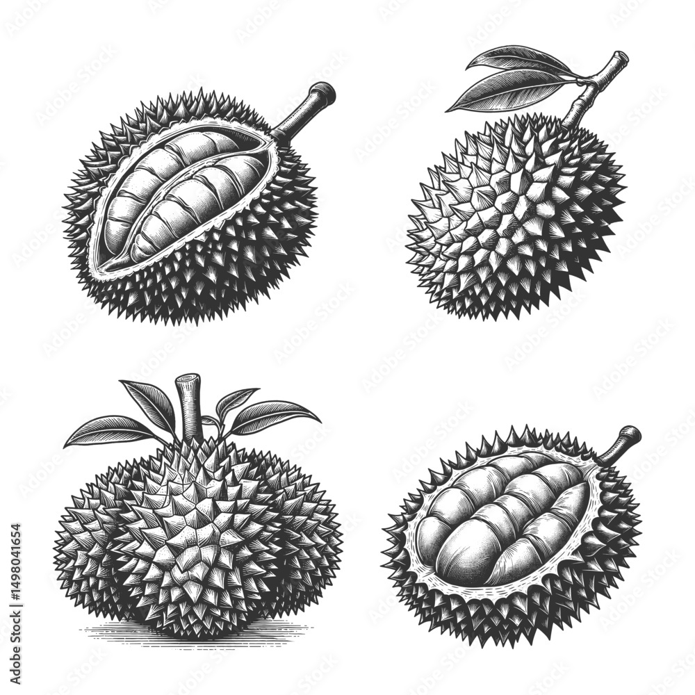 Poster durian fruit set collection bundle sketch engraving generative ai vector illustration. scratch board