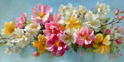 Vibrant Oil Painting of Floral Arrangement with Pink, Yellow, and White Blossoms