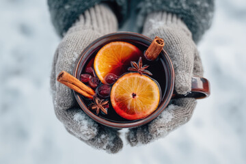 In a winter wonderland, a person holds a warm mug of mulled wine surrounded by snow. The drink features slices of orange, cinnamon sticks, and festive spices, reflecting the cozy atmosphere