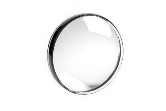 Round glass lens with silver frame on black background