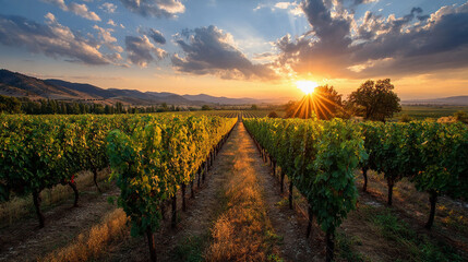 Sunset over lush vineyard in rolling hills showcasing nature's beauty