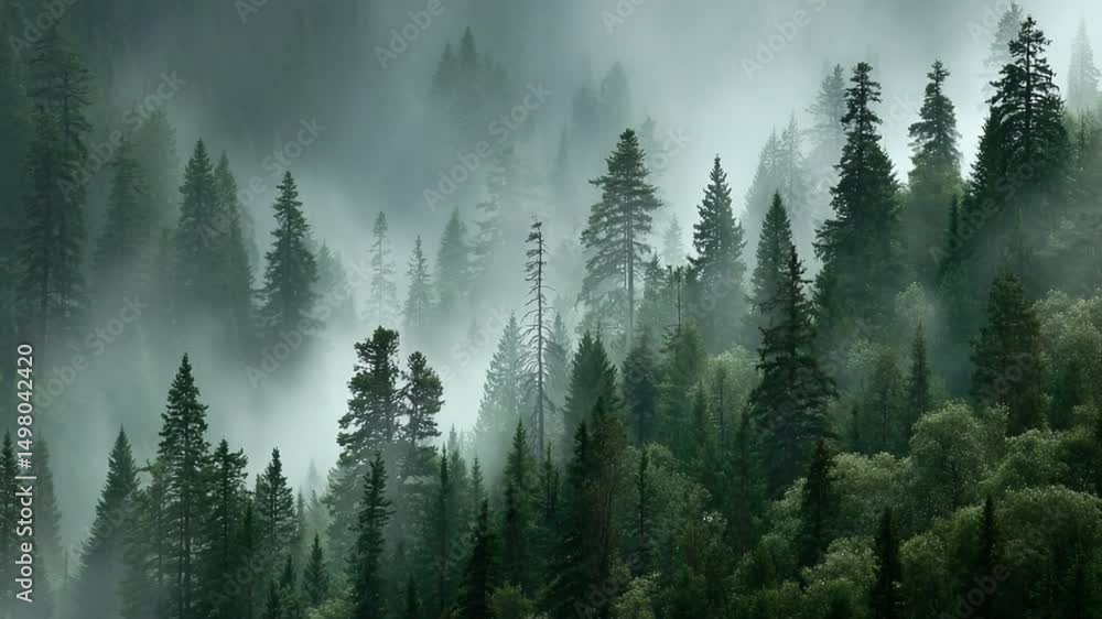 Poster mystical forest vista: the air is thick with mist, the silhouettes of towering trees emerging from t