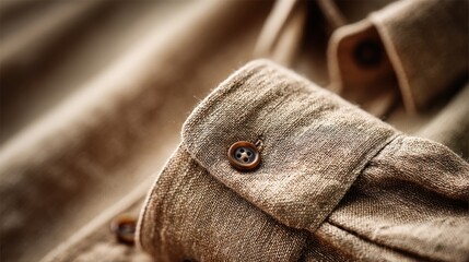 Close-up view of a textured beige linen shirt showcasing pressed cuffs and hem