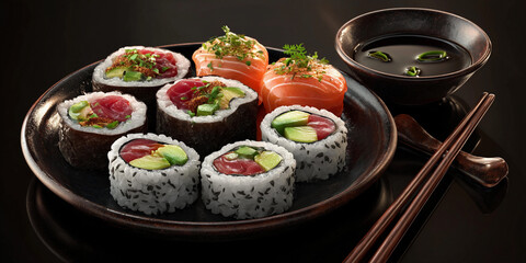 Fresh sushi platter with tuna and salmon served with soy sauce
