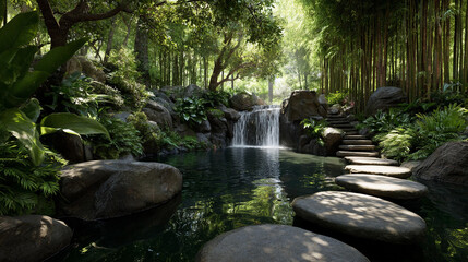 Serene oasis with waterfall and stepping stones in lush greenery