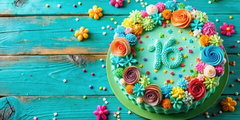 A turquoise frosted cake decorated with colorful buttercream flowers and sprinkles, celebrating a sixteenth birthday.
