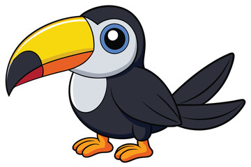 Cartoon Toucan with Yellow Beak, Black Feathers, Orange Feet, and Blue Eyes