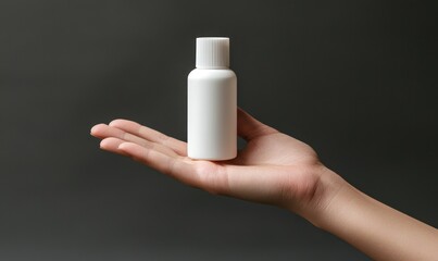 A hand gently holds a small, unlabeled, white plastic bottle against a dark gray background