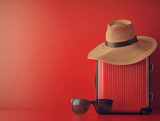 Stylish Travel Essentials: Suitcase, Hat, and Sunglasses
