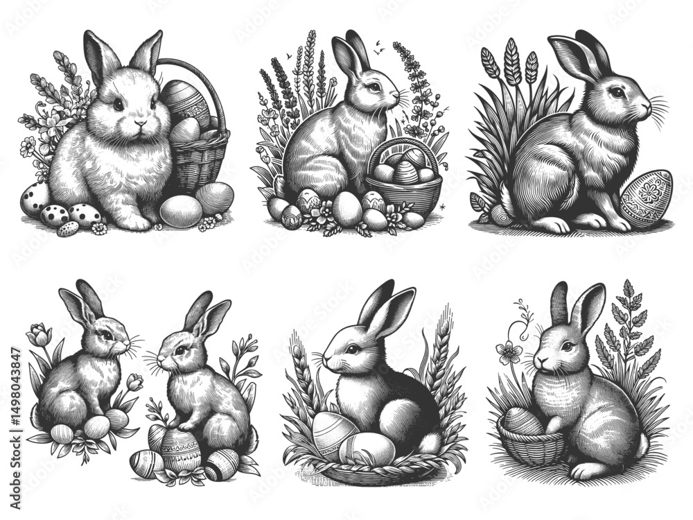 Poster easter bunny set collection bundle sketch engraving generative ai vector illustration. scratch board