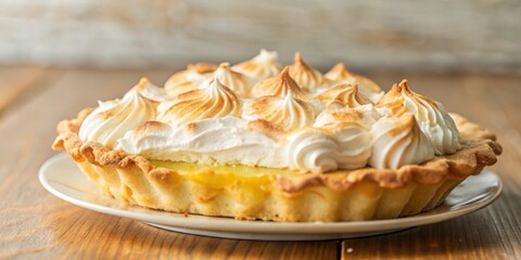 A close-up of a lemon meringue pie with a golden crust and swirls of fluffy meringue, sitting on a white plate against a wooden surface.