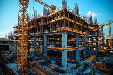 Construction Site Panorama: Steel Rebar, Scaffolding, and Tower