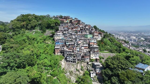 Prazeres Hill In Rio De Janeiro Brazil. Stunning Favela Landscape In A Mountain In A Famous City. Town Clouds Sky Backgrounds Urban. Town Outdoor Downtown Famous. Rio de Janeiro Brazil.