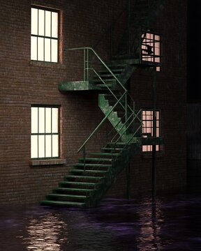 A Gemini symmetry of mirrored staircases with anti-gravity in dark, ambient lighting.