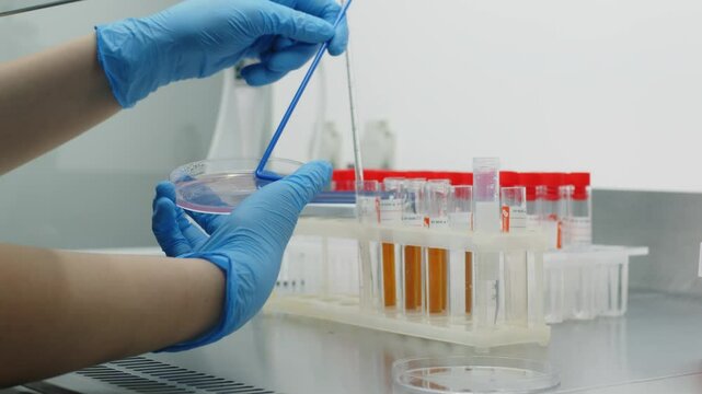 A biotechnologist works with a Petri dish containing a culture medium, using an inoculating loop. Concept microbiological research and innovative methods in working with microorganisms.