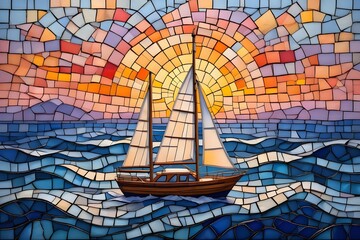 Sailing boat or yacht glides on the ocean water at sunset under a vibrant sky, a perfect summer vacation or travel scene for nautical sport and cruise adventures