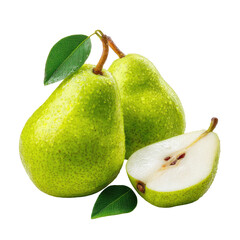 Two ripe green pears and a pear half, glistening with moisture,  are presented against a black background, showcasing their smooth skin and juicy flesh; vibrant green leaves add freshness