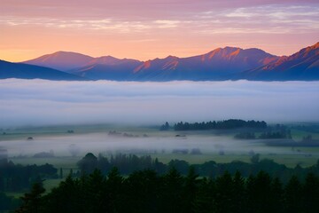 Sunrise or sunset over a mountain landscape with fog, clouds, and a lake reflection