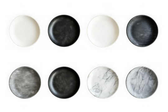 Eight round plates in black white and marble