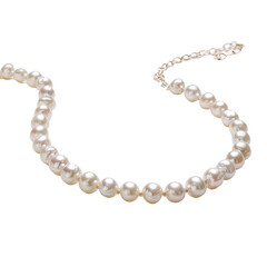 A close-up shot of an elegant pearl necklace, featuring a delicate chain and lustrous, creamy-white pearls of uniform size, arranged in a gently curving line. The pearls display a smooth, subtle sheen