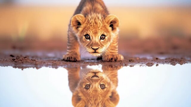 Lion cub explores water's reflection during early morning hours in the savannah