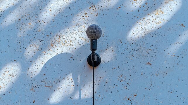 Vintage microphone against textured wall with shadows