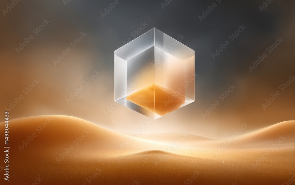 Poster surrealist illustration of a floating topaz encapsulated in a transparent cube above a sand dune
