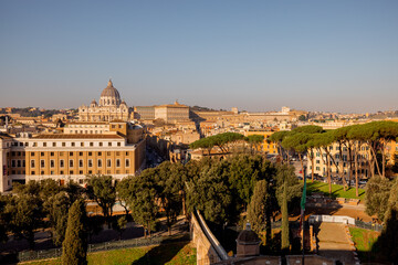Panoramic view of Vatican City and the dome of St. Peters Basilica from the top of Castel Sant...
